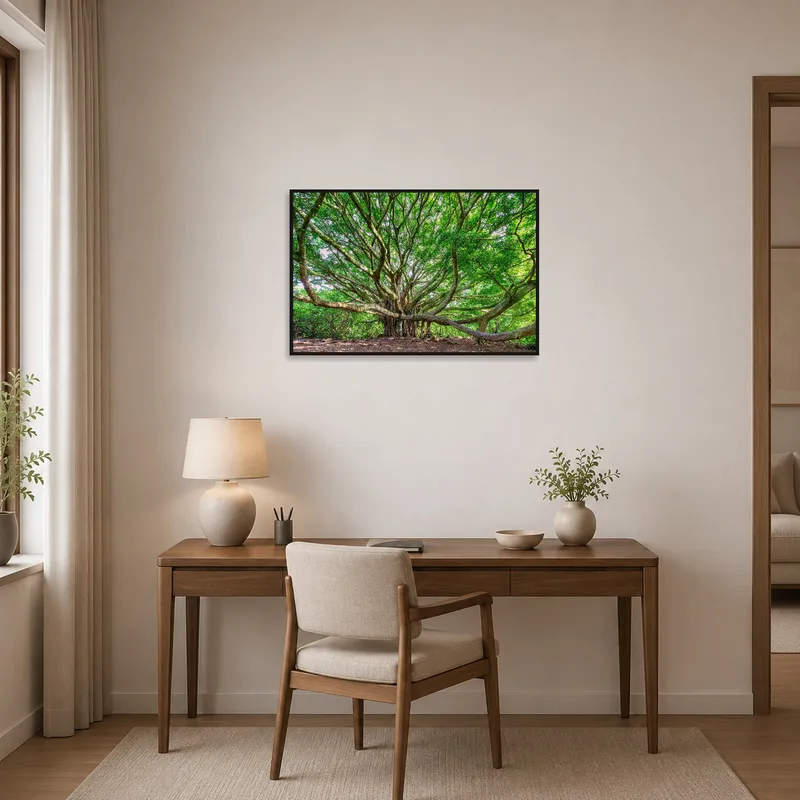 Sprawling tree scene bringing nature into a practical home office space.