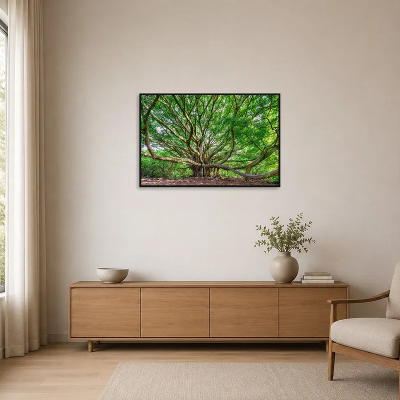 Simple expansive tree art displayed in a minimalist room setting.
