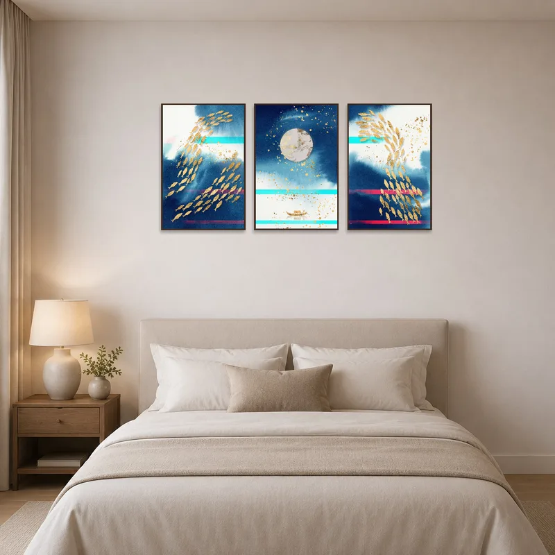 The bedroom gains a peaceful atmosphere with the marine-themed art of fish and moon reflections.