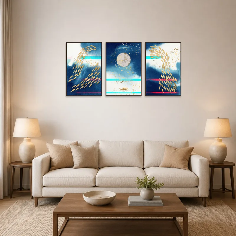 Golden fish and lunar reflections adorn the living room wall bringing a tranquil marine vibe.