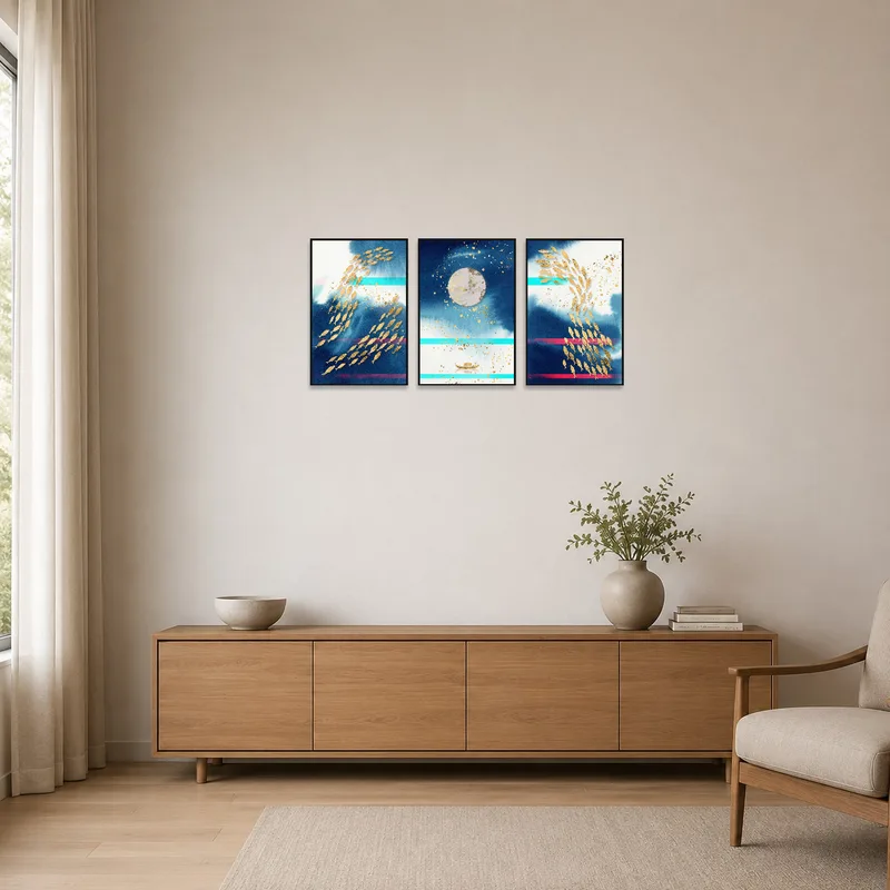 In a minimalist room, the gold fish and lunar reflections add a touch of elegance to the subtle decor.