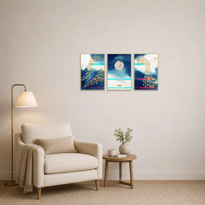 A reading corner illuminated by golden fish and moon reflections adds a calming touch to the space.