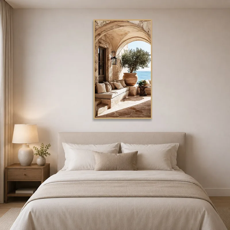 Ocean view archway adds tranquility to a bedroom wall.