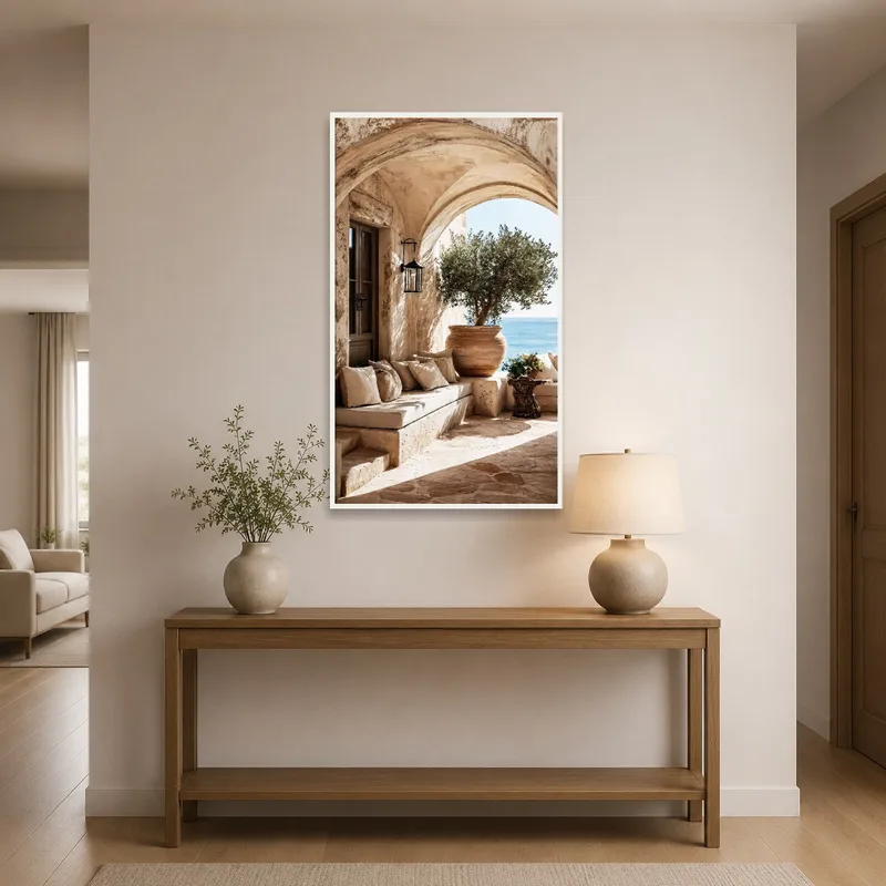 Archway ocean scene welcoming guests in an entrance hall.