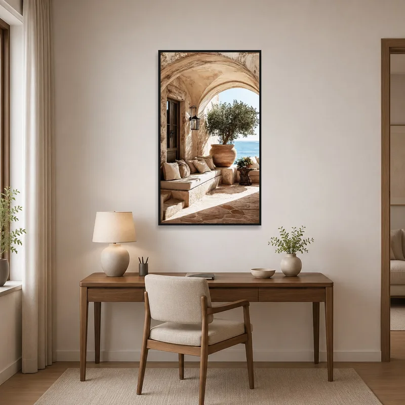 Mediterranean archway art inspiring in a modern home office.