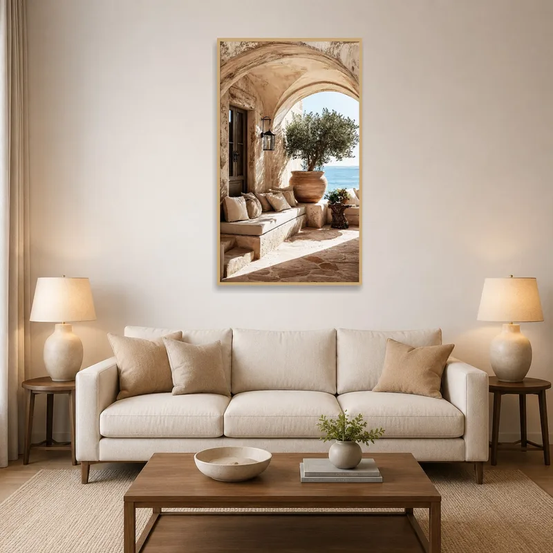 Mediterranean archway art above a sofa in a cozy living room.