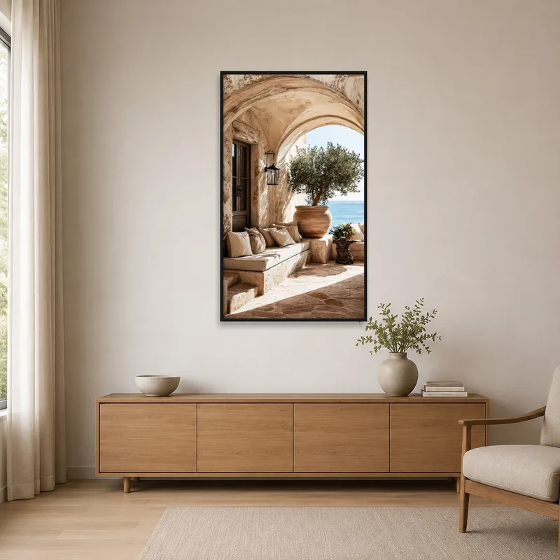 Ocean view through an archway in a sleek minimalist space.