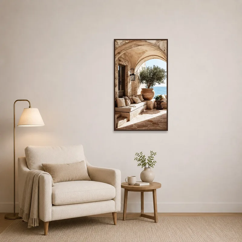 Serene archway ocean art in a peaceful reading corner.