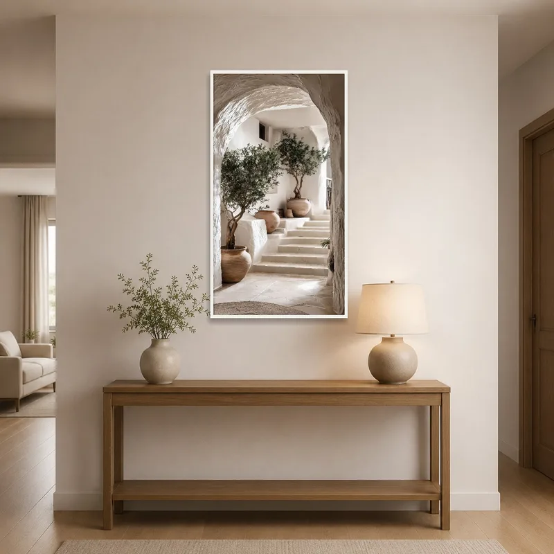Print featuring archway with trees gracing an entrance hall.