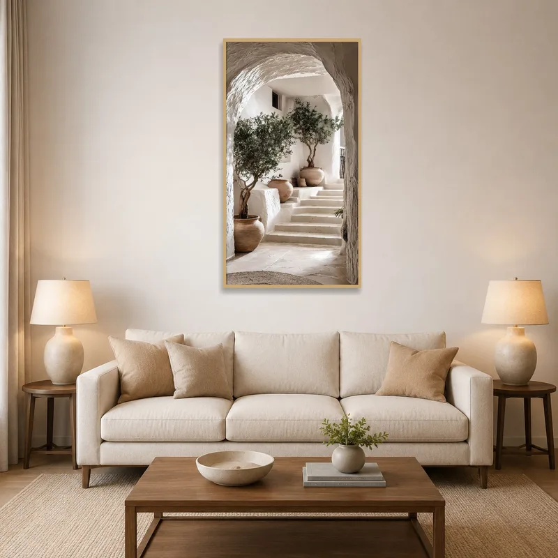 Mediterranean Archway print above a sofa in a cozy living room.