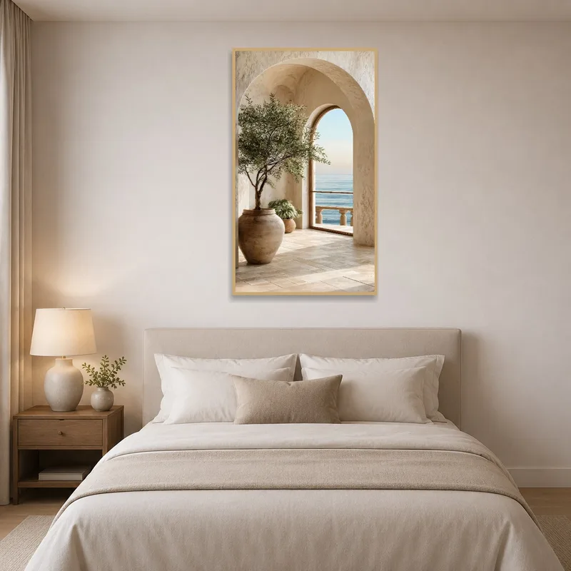Bedroom showcasing sea view art above a restful bed.