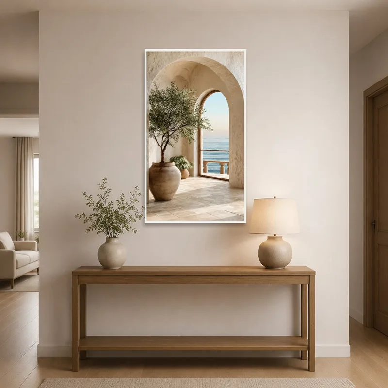 Entrance hall adorned with archway artwork above a side table.