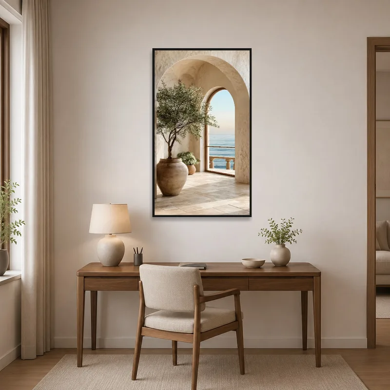 Mediterranean archway picture on a wall in a tidy home office.
