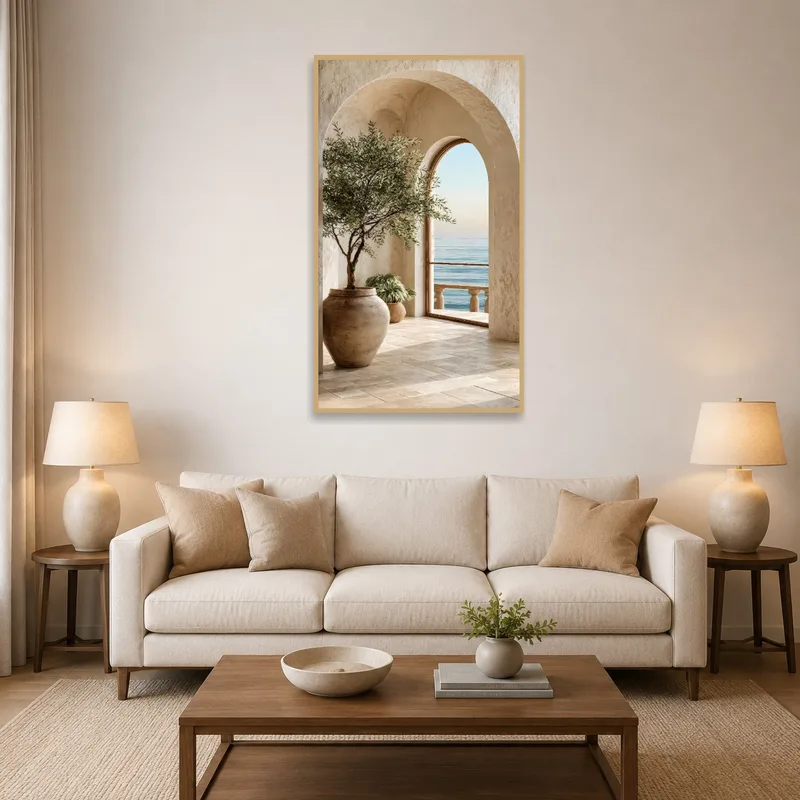 Mediterranean archway artwork in a cozy living room above a plush sofa.