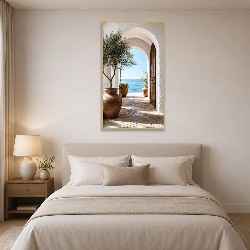 Mediterranean archway art hanging in a bedroom overlooking a tranquil sea.