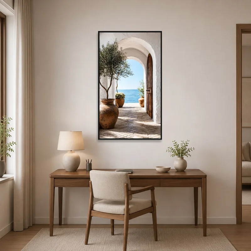 Mediterranean archway with a sea view art print in a home office setting.