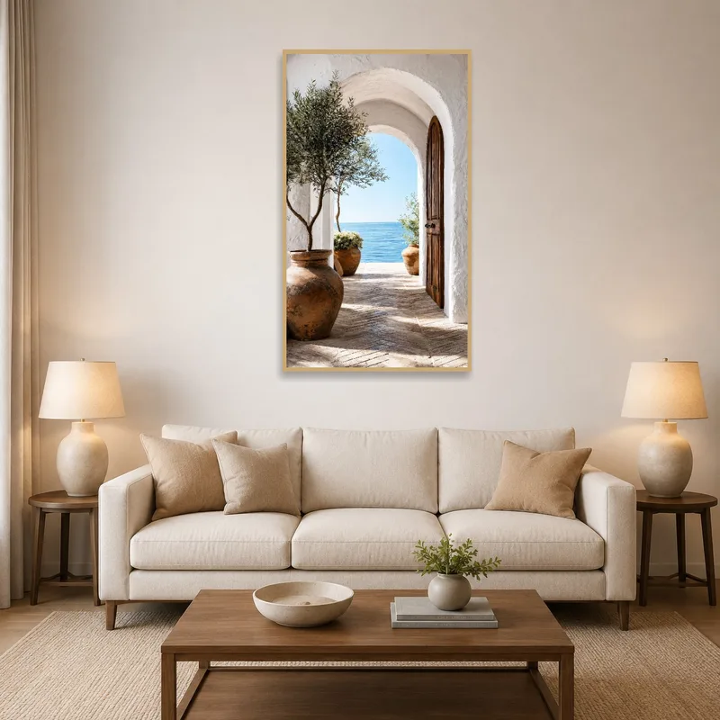 Mediterranean archway art print in a living room above a cozy sofa.