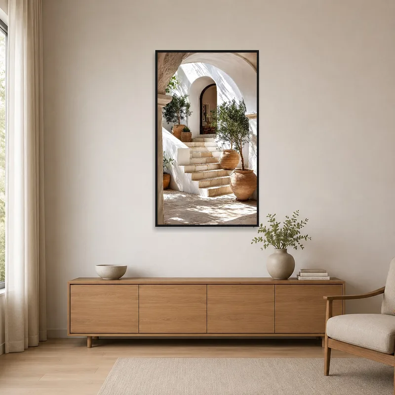 Mediterranean courtyard art print complementing a minimalist styled room.
