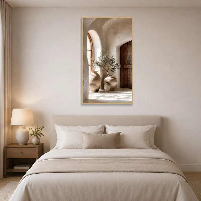 Rustic pottery art print creating a serene ambiance in the bedroom.