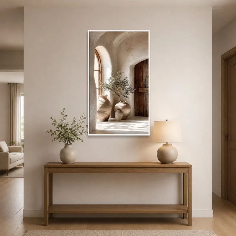 Art print of Mediterranean pottery welcoming guests in the entrance hall.