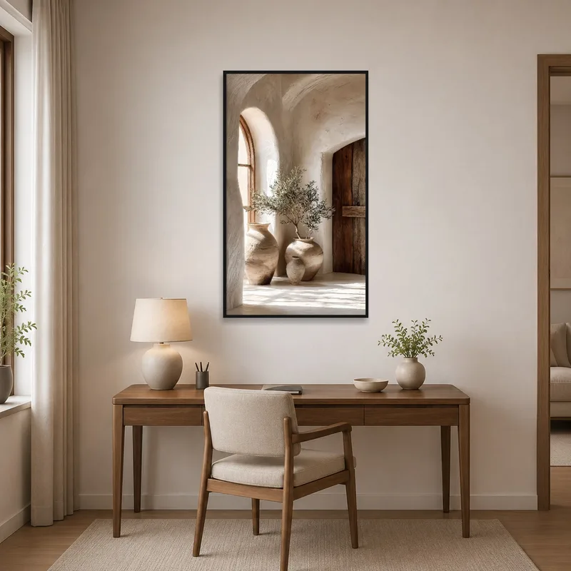 Art print of Mediterranean pottery inspiring creativity in a home office.