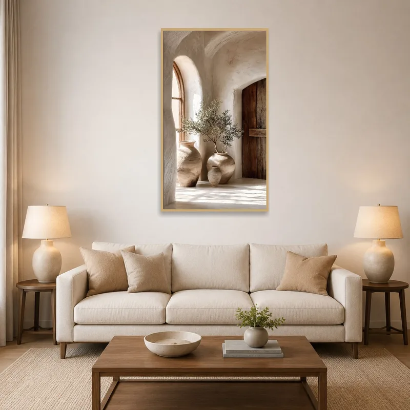 Mediterranean pottery art print on a living room wall with cozy seating.
