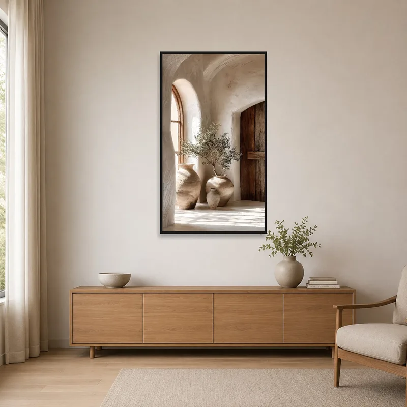Rustic pottery art print adding warmth to a minimalist room.