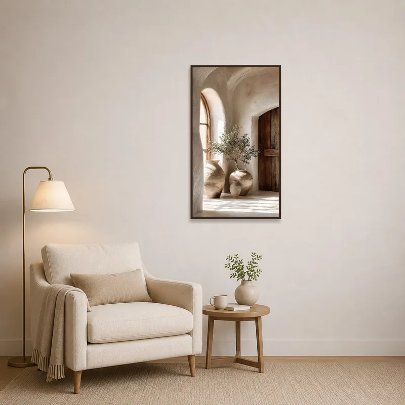 Mediterranean pottery print enhancing a tranquil reading corner.