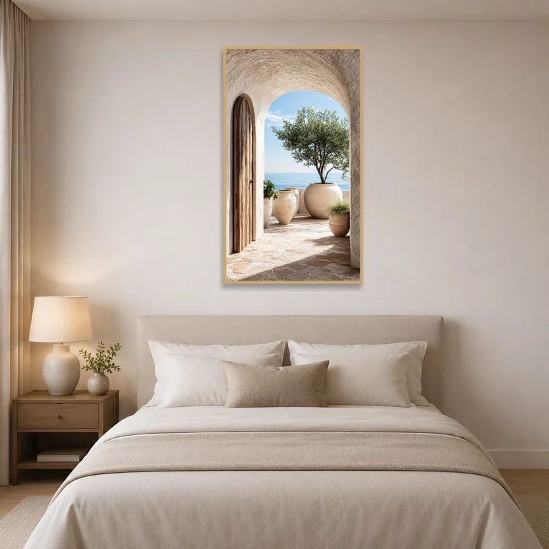 Bedroom displaying an oceanic terrace scene creating a calming vibe.