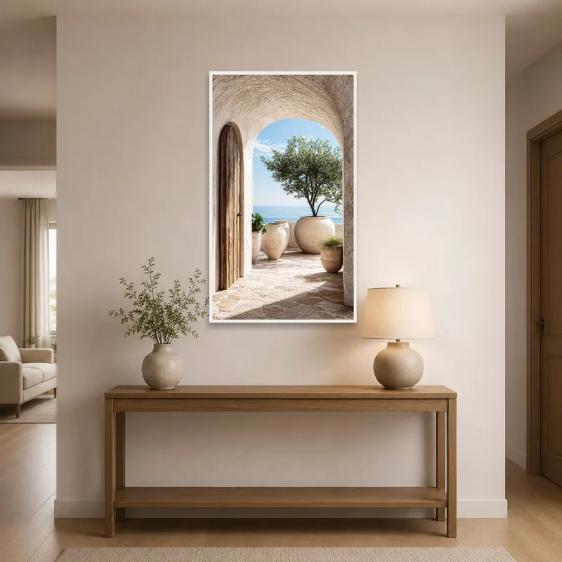 Entrance hall adorned with a terrace view over the sea.