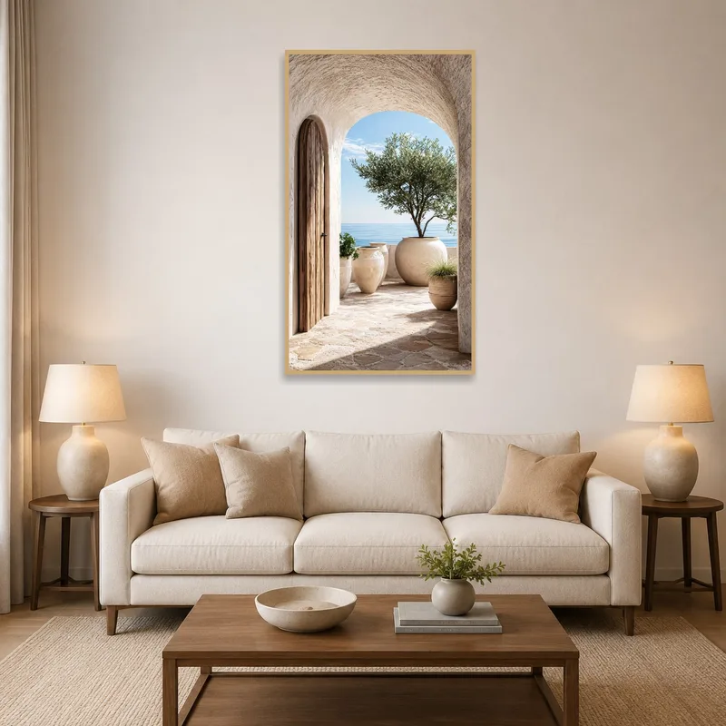 Living room with a Mediterranean terrace print overlooking a serene sea.