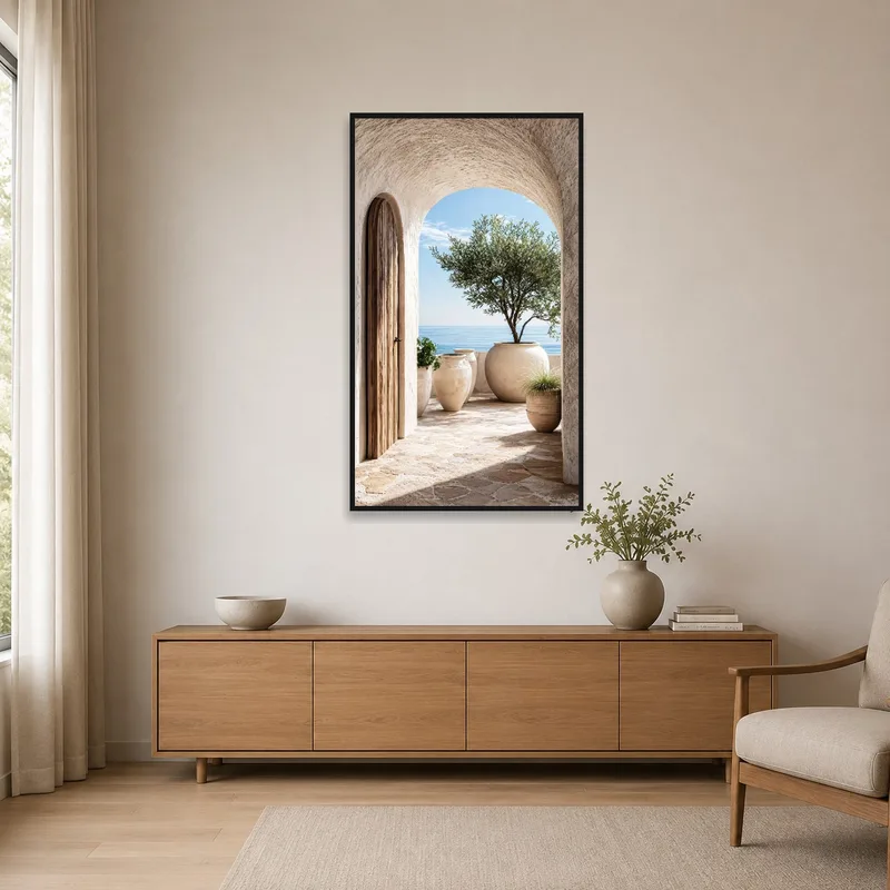 Minimalist space highlighting a tranquil terrace and sea scene.