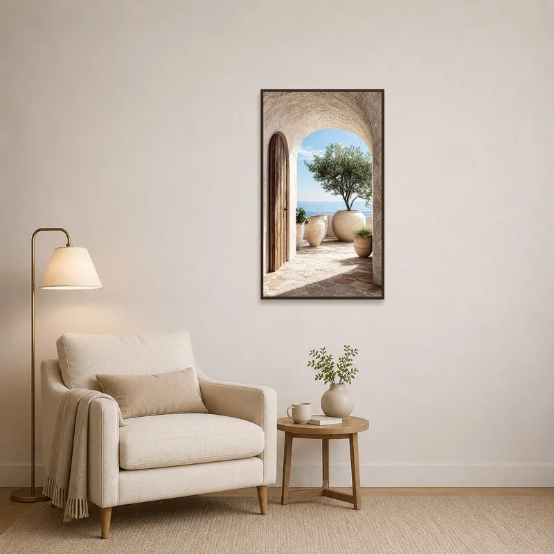 Reading corner featuring a peaceful Mediterranean sea terrace view.