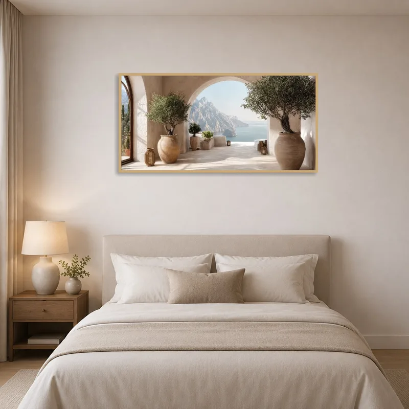 Serene bedroom showcasing a terrace scene with olive trees.