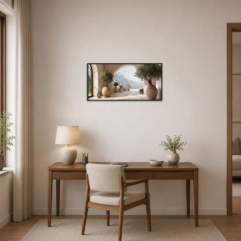 Productive home office adorned with a terrace and olive tree view.