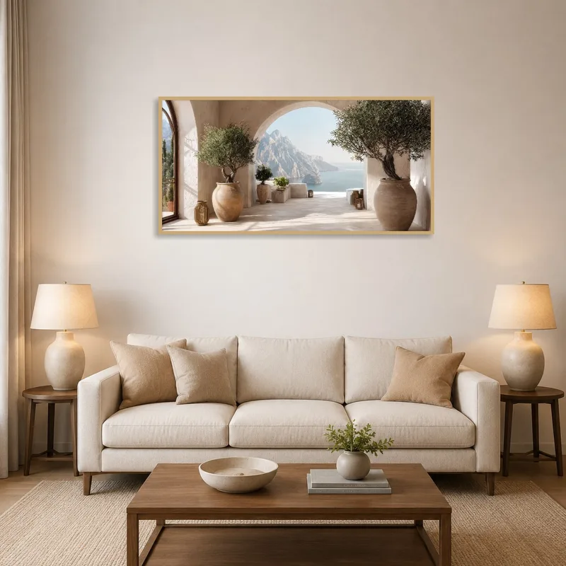 Mediterranean terrace view over olive trees in a chic living room.