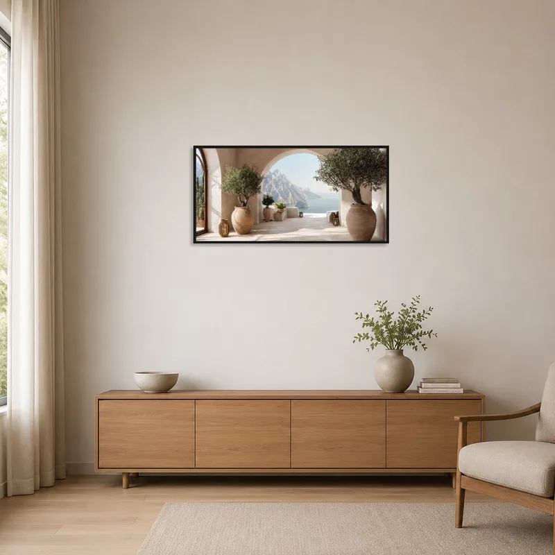 Simple room highlighting a terrace with lush olive trees.