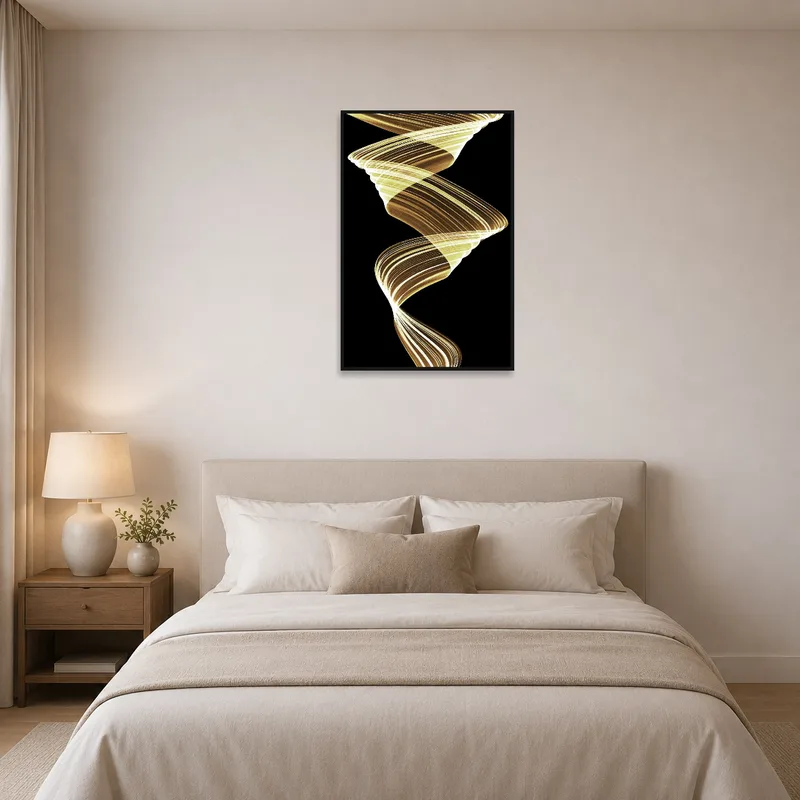 Calming spiral light artwork hangs peacefully in a bedroom setting.