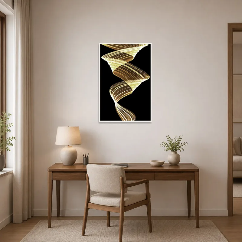 Abstract spiral light art energizes a focused home office environment.