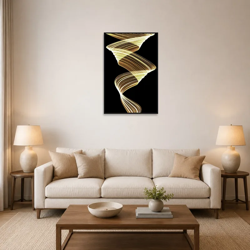 Artwork depicting a spiral of light on a living room wall above a modern sofa.