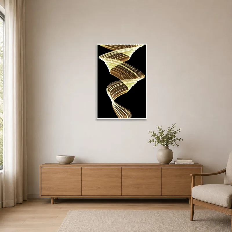 Spiral light abstract piece adds intrigue to a minimalist white space.
