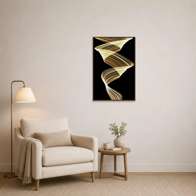 Cozy reading corner enhanced by a mesmerizing spiral light wall art.