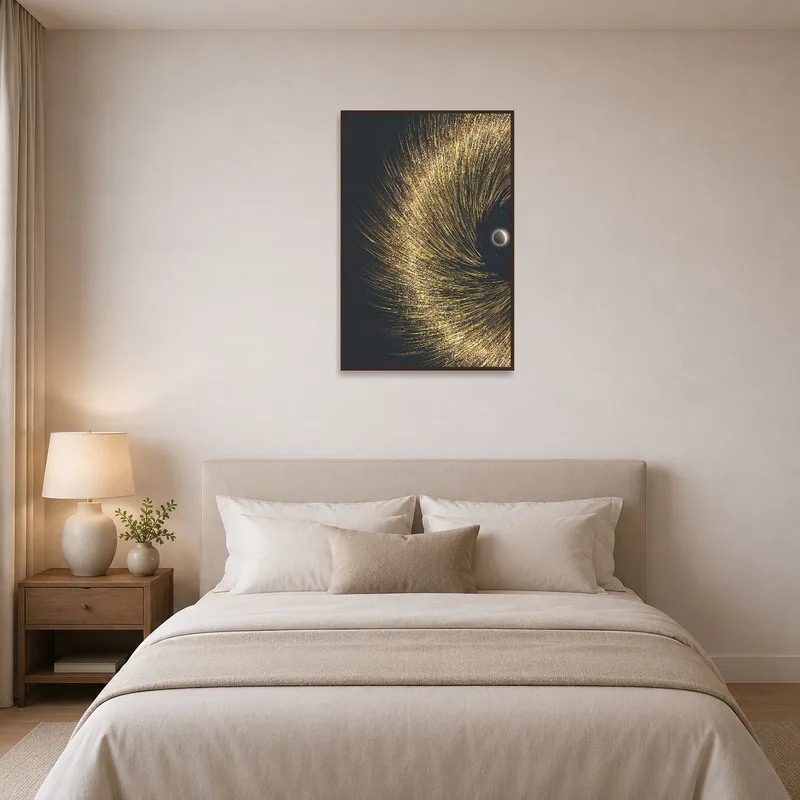 Bedroom with golden abstract art above the bed, creating a serene atmosphere.