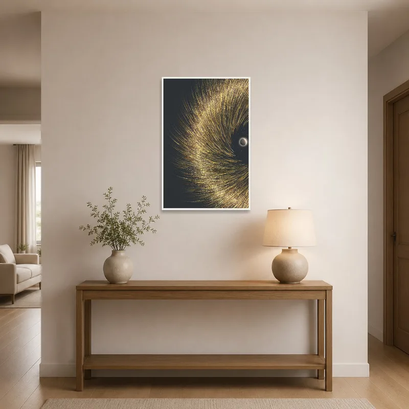 Entrance hall featuring golden swirl art welcoming guests with elegance.
