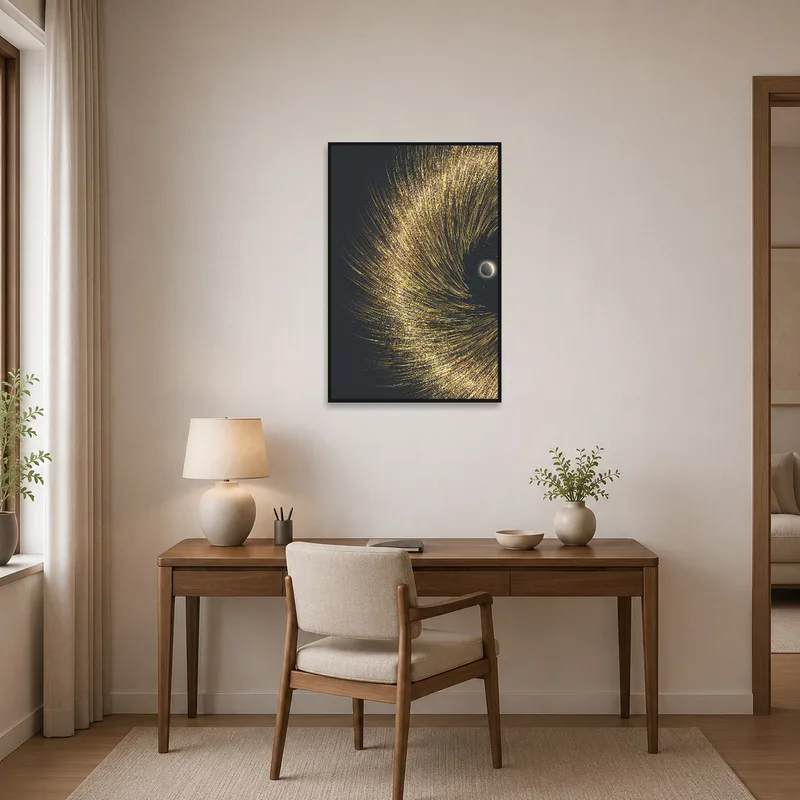 Home office with golden swirl art enhancing the inspirational workspace.