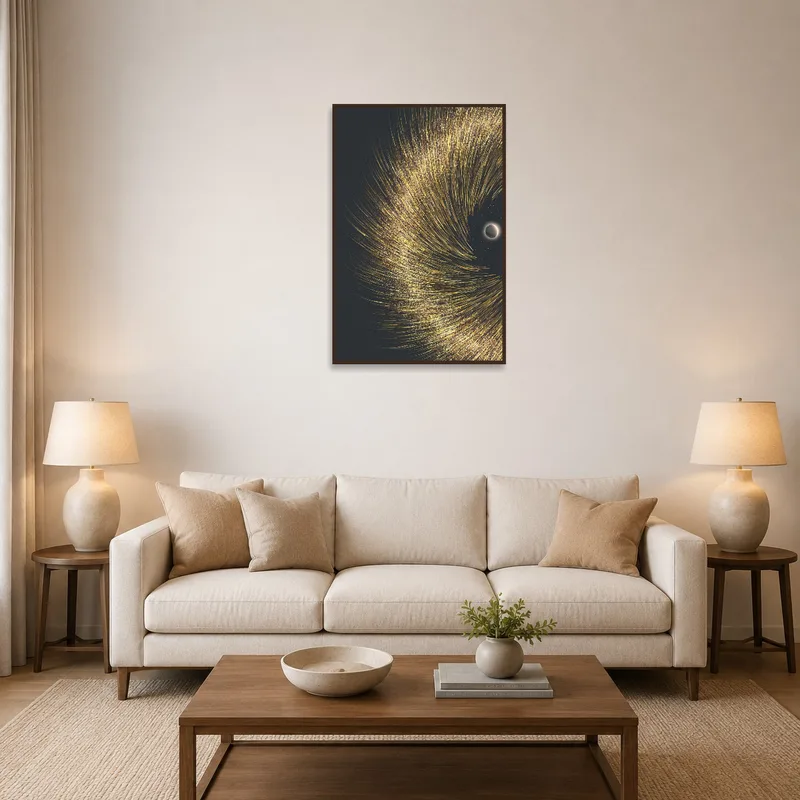Golden abstract swirls art print on the living room wall above a modern sofa.