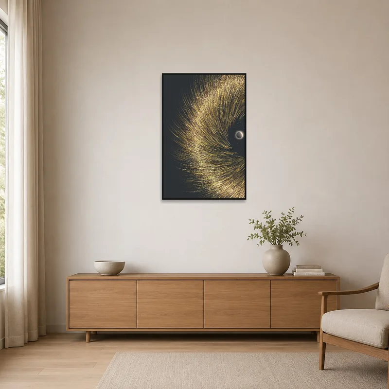 Minimalist room with golden swirl art adding a luxe touch to the simple decor.