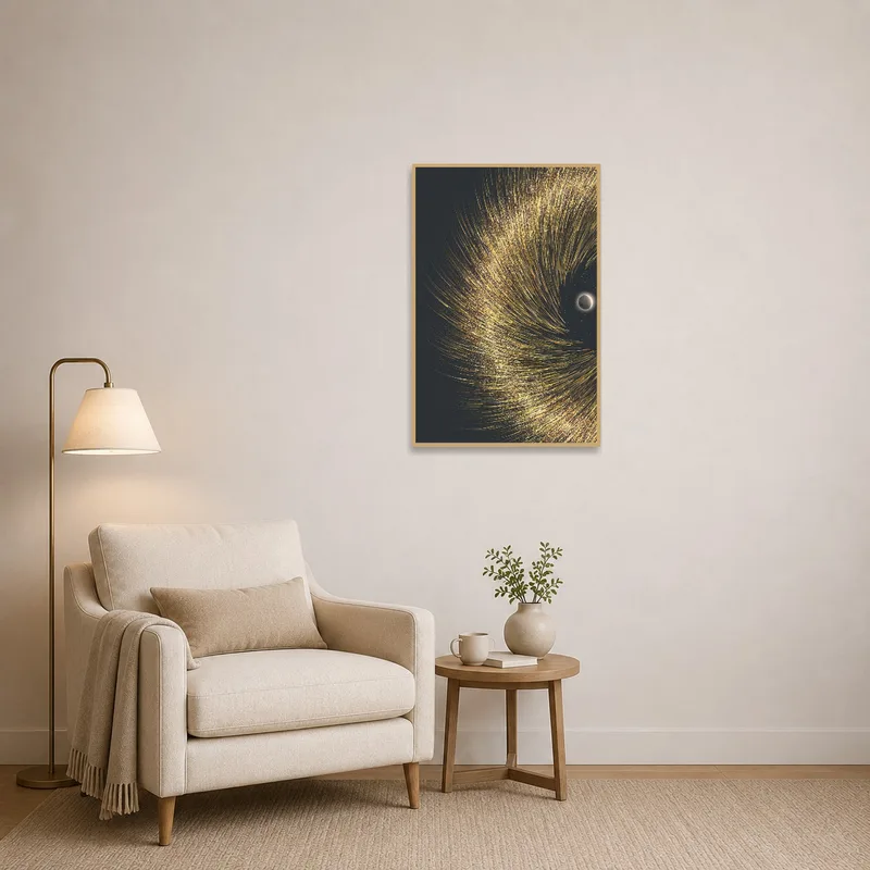 Reading corner with cozy chair, lit by gold swirl art that adds warmth.