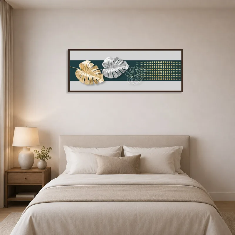 Metallic Monstera Leaves artwork adding charm to a serene bedroom setting.