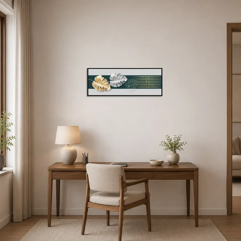 Metallic Monstera Leaves artwork inspiring creativity in a stylish home office.
